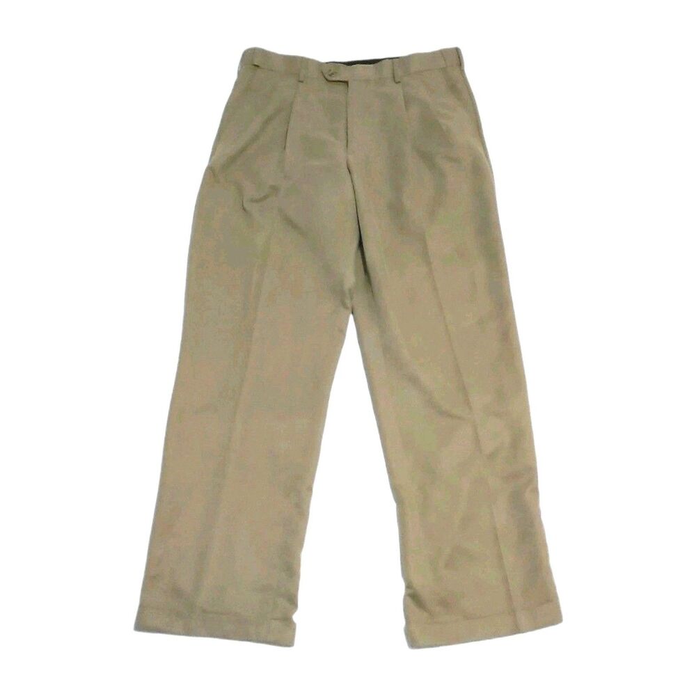 Perry Ellis Portfolio Men Pants 34x32 Khaki Pleated Trousers Dress Polyester Ta